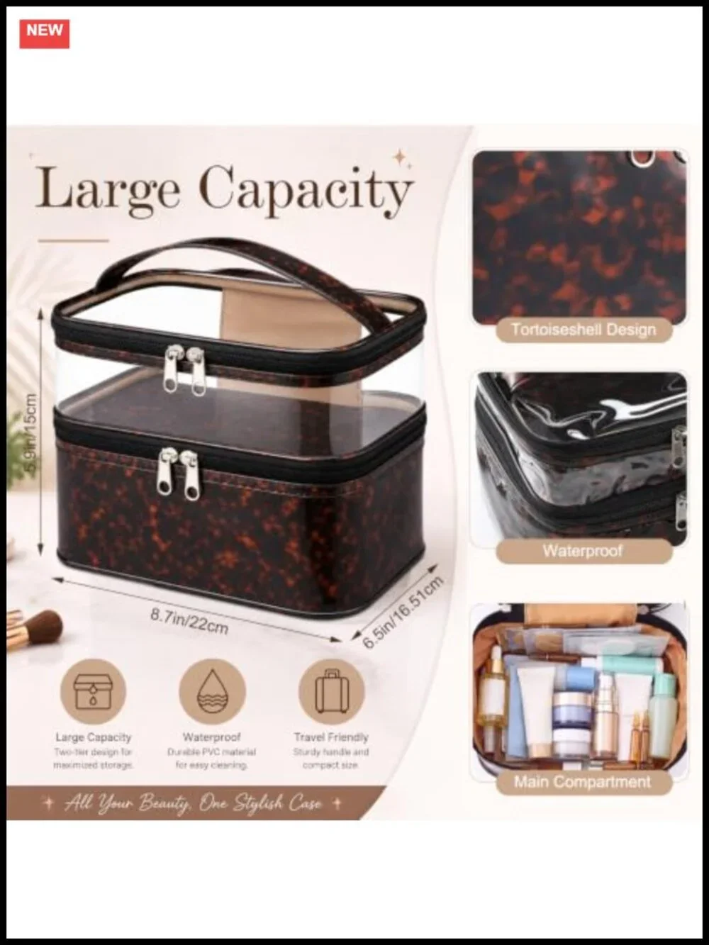 Waterproof PVC Double Layer Tortoise Shell Cosmetic Bag Toiletry Organizer